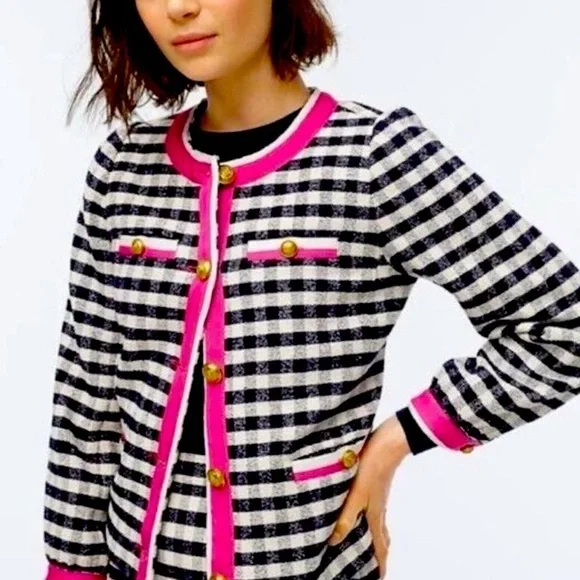JCREW Navy Blue White Pink Gingham Check Plaid Ribbon Trim Lady Jacket Blazer - Picture 11 of 11